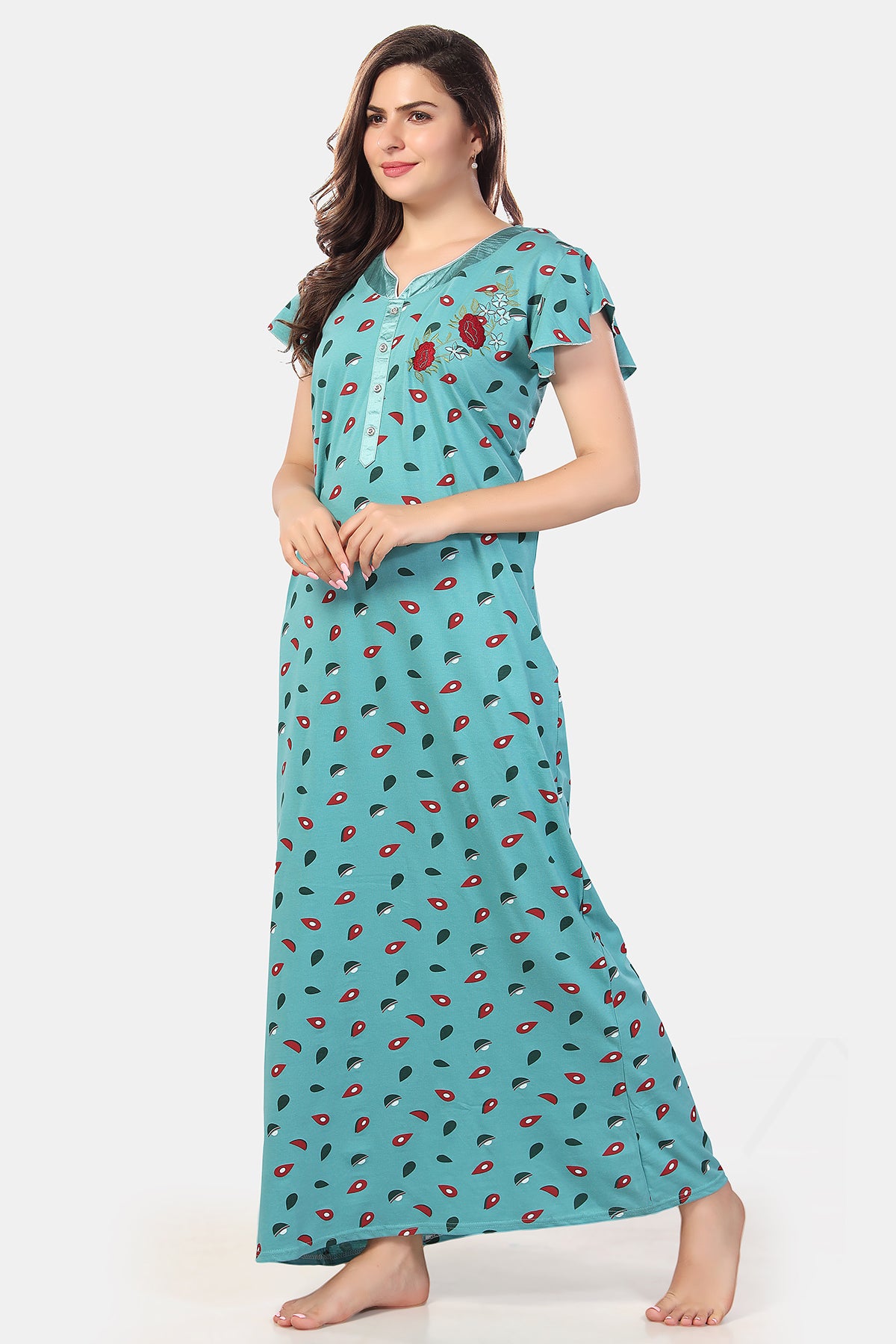Turquoise Printed Shinker Cotton Nighty for Women