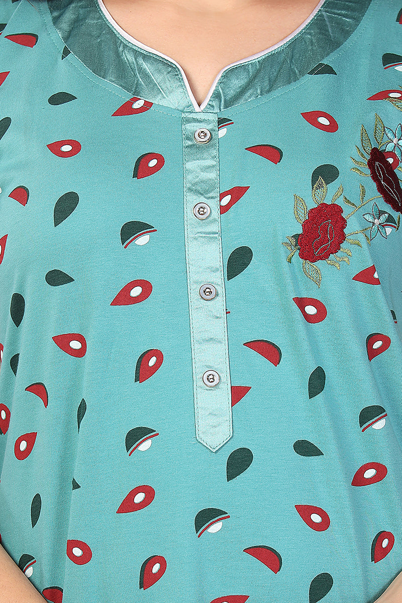 Turquoise Printed Shinker Cotton Nighty for Women