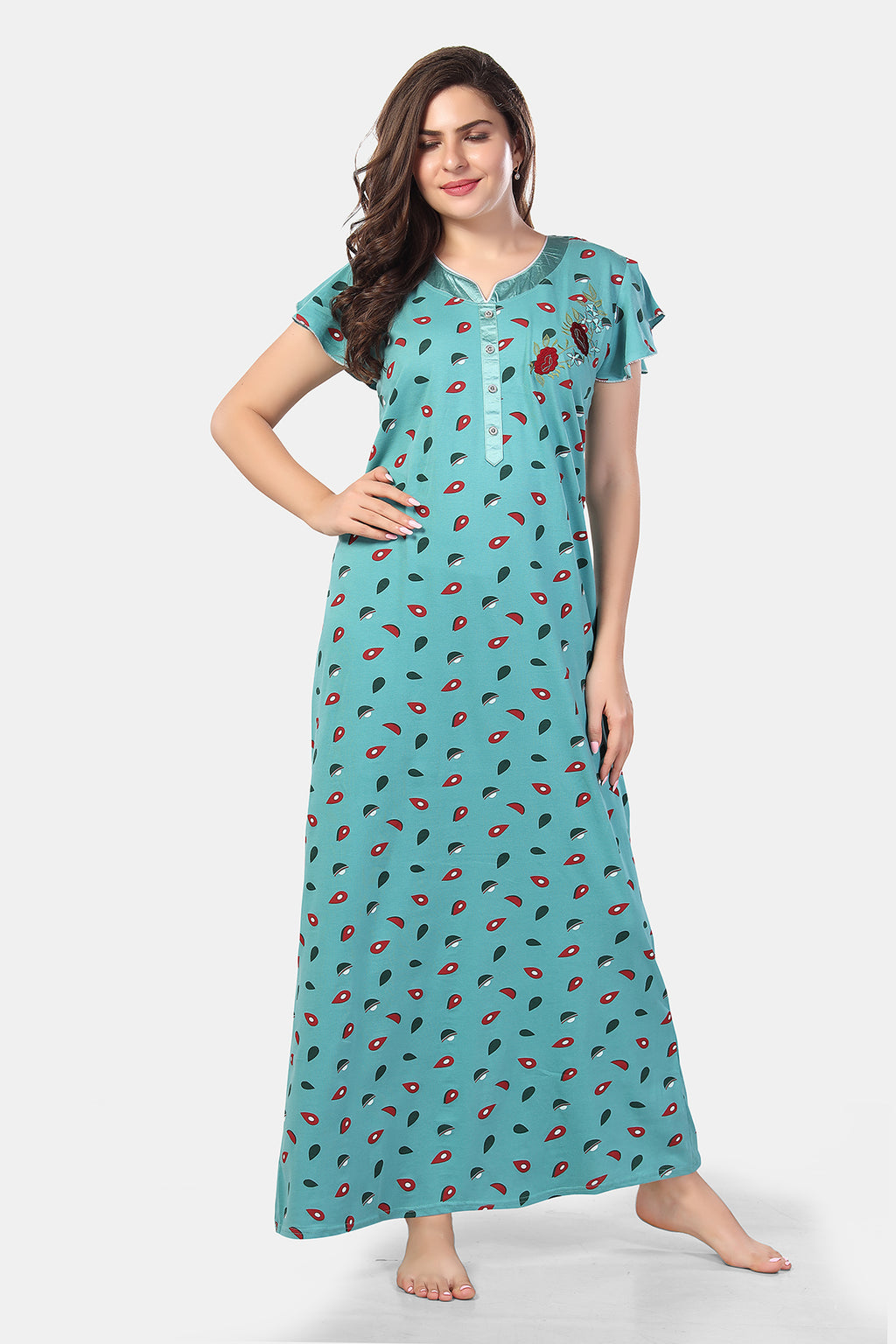 Turquoise Printed Shinker Cotton Nighty for Women