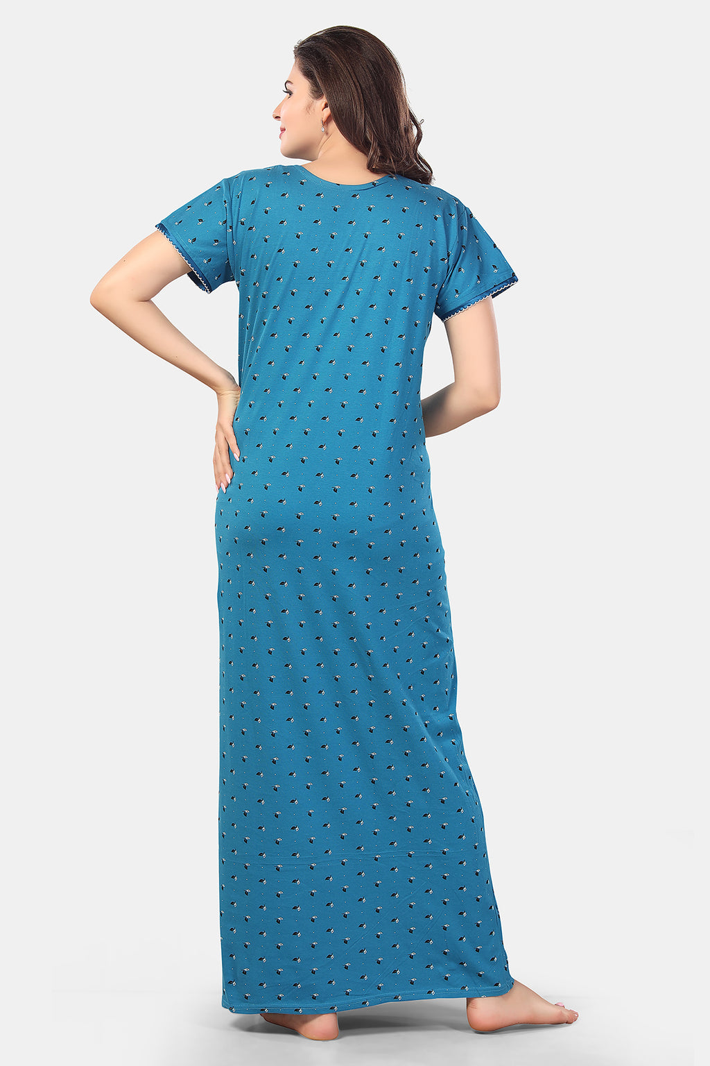 Sky Blue Printed Shinker Cotton Nighty for Women