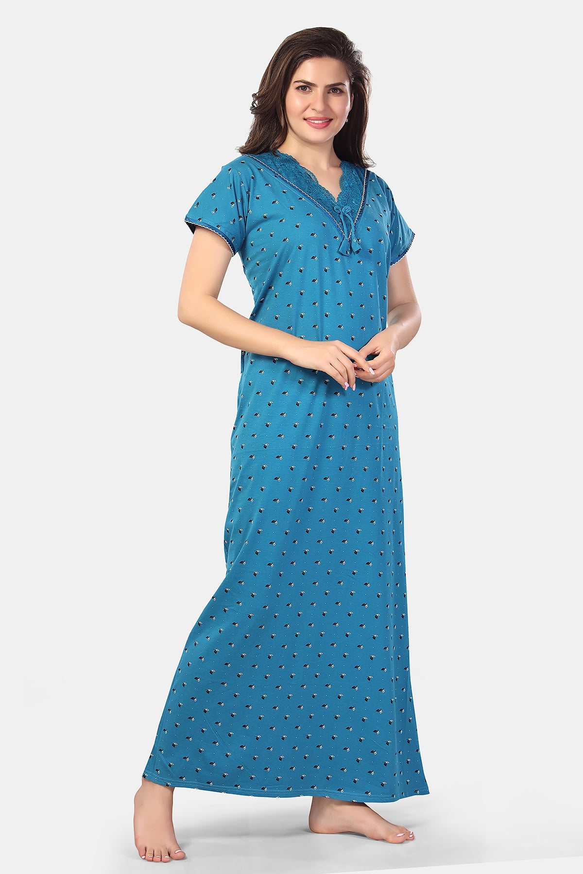 Sky Blue Printed Shinker Cotton Nighty for Women