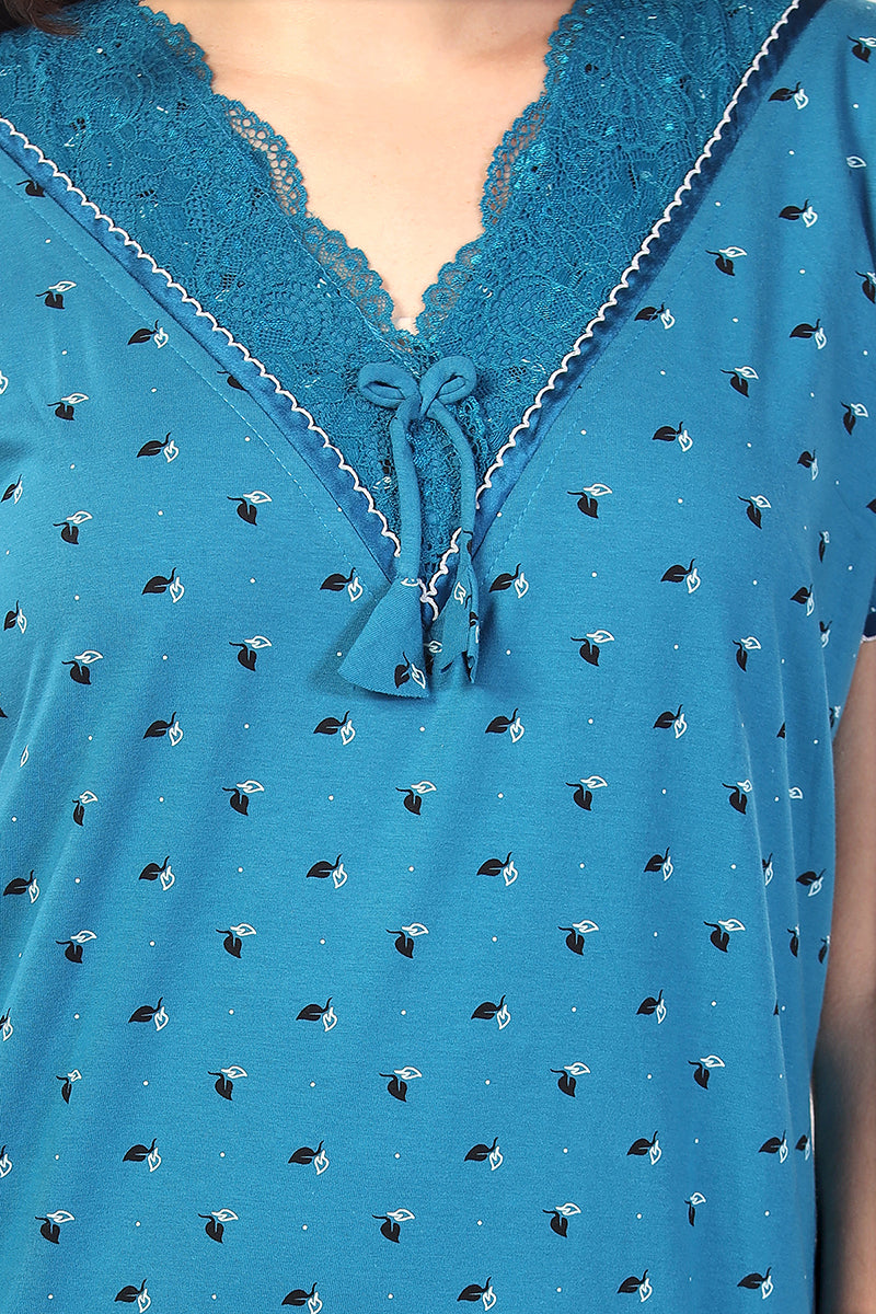 Sky Blue Printed Shinker Cotton Nighty for Women