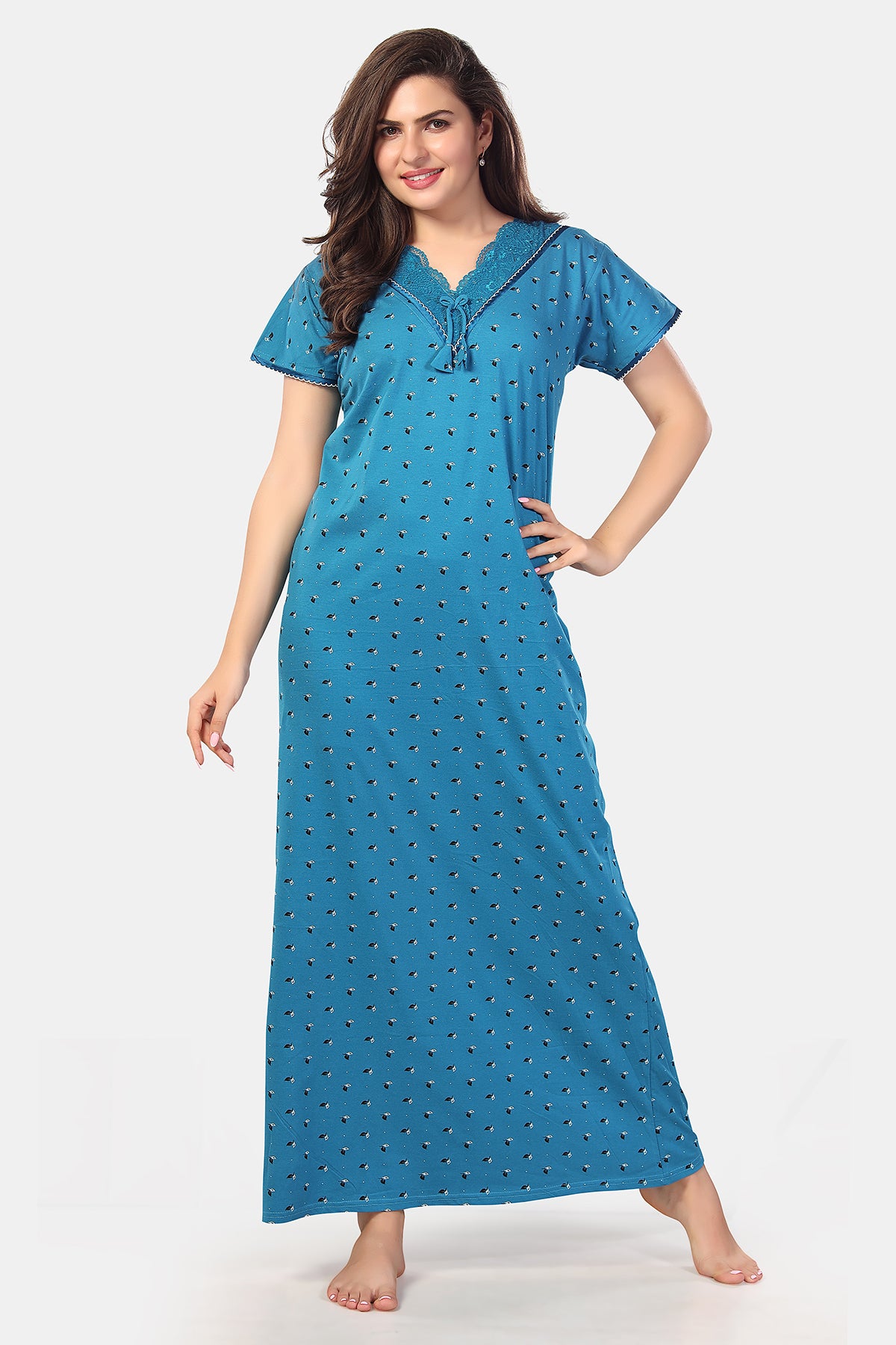 Sky Blue Printed Shinker Cotton Nighty for Women