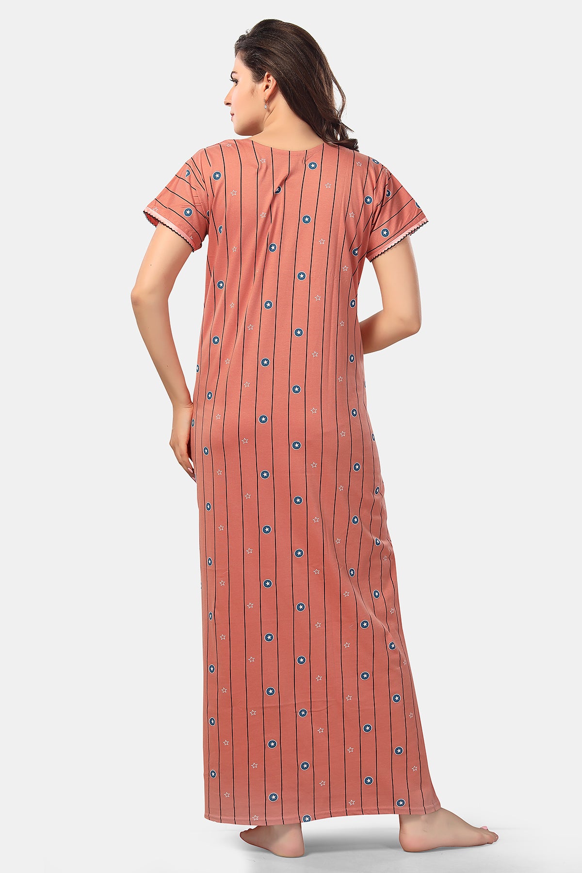 Peach Printed Shinker Cotton Nighty for Women