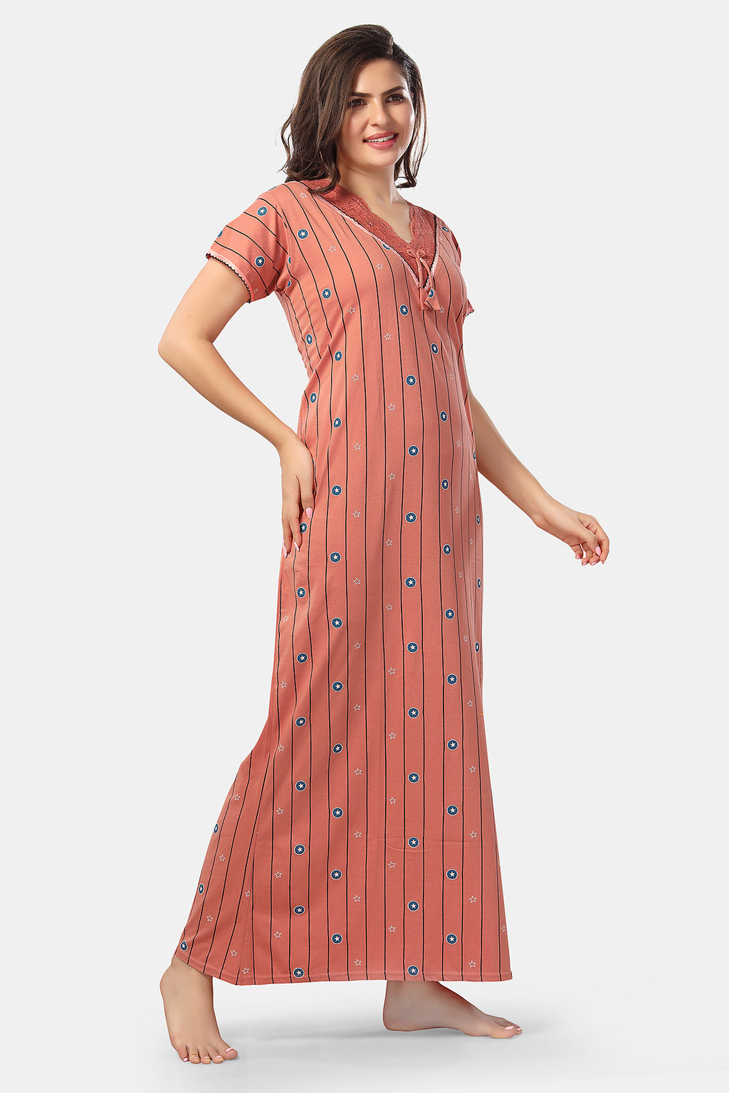Peach Printed Shinker Cotton Nighty for Women