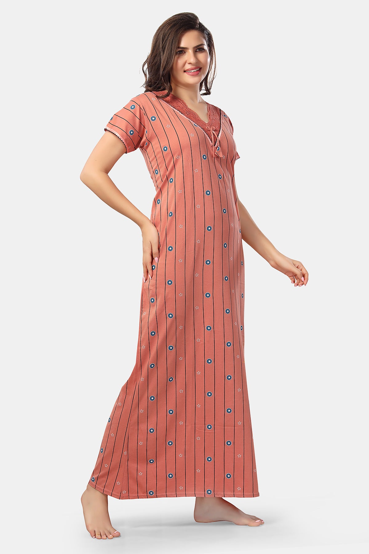 Peach Printed Shinker Cotton Nighty for Women