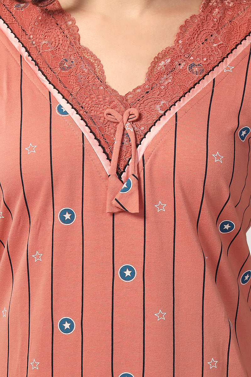 Peach Printed Shinker Cotton Nighty for Women