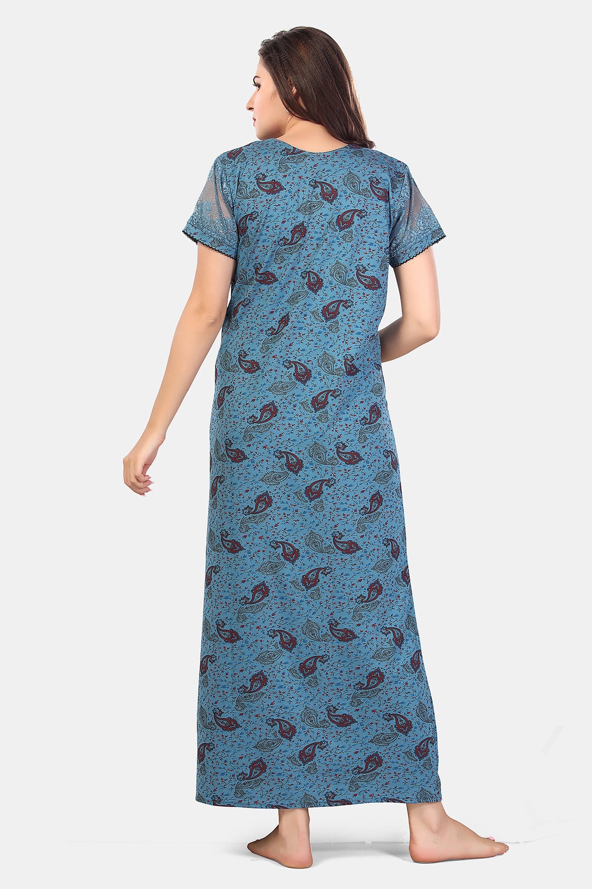 Slate Blue Paisley Print Shinker Cotton Nighty for Women