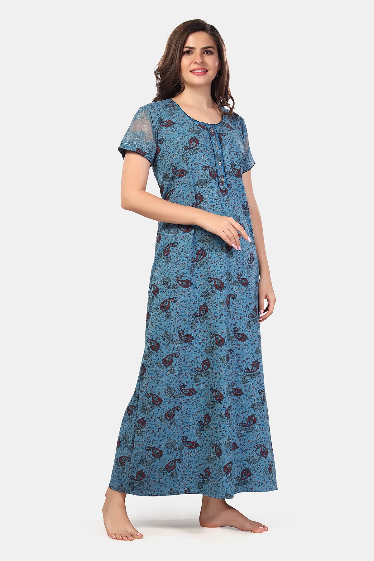 Slate Blue Paisley Print Shinker Cotton Nighty for Women
