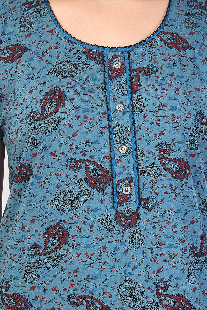Slate Blue Paisley Print Shinker Cotton Nighty for Women