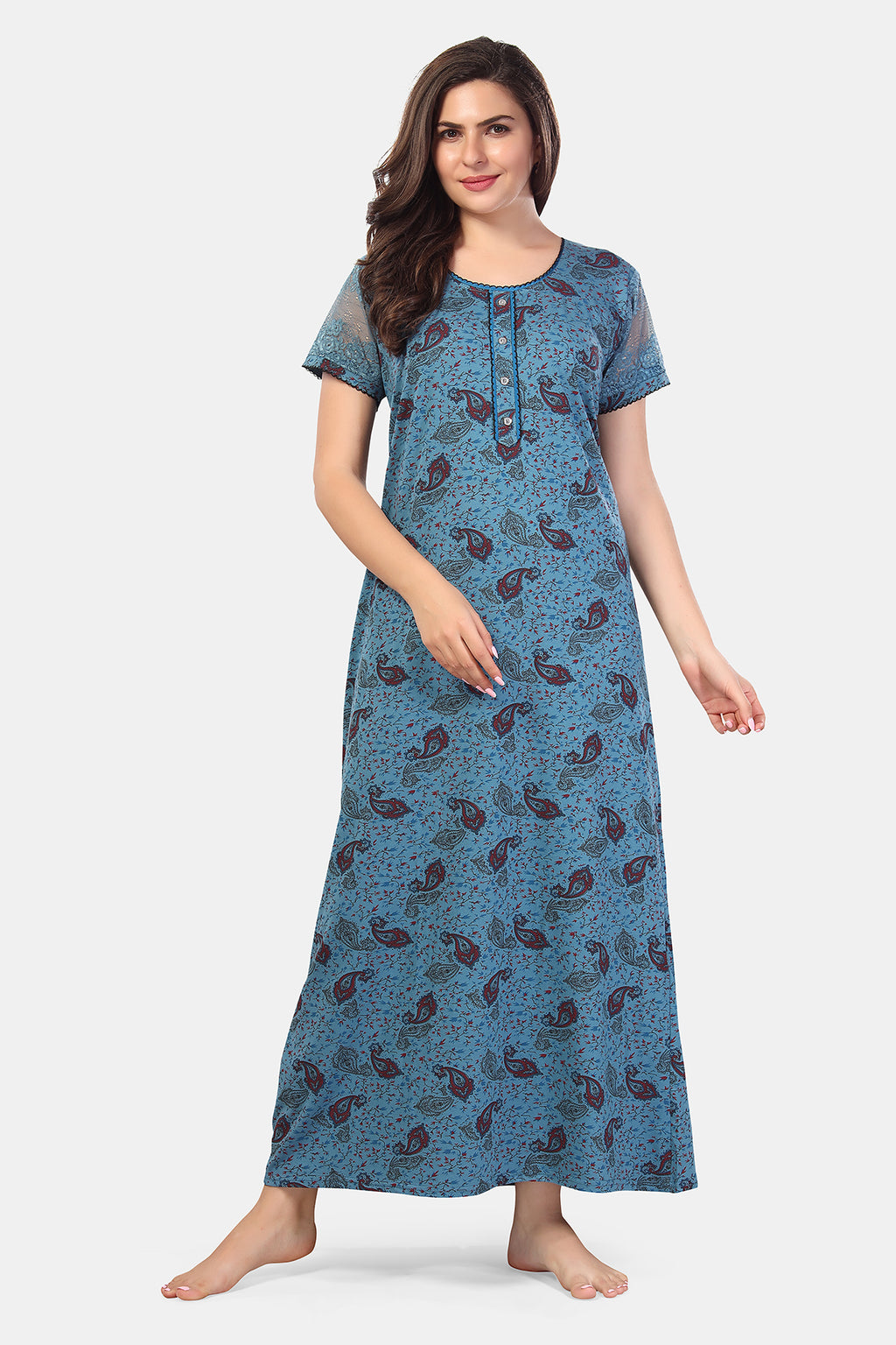 Slate Blue Paisley Print Shinker Cotton Nighty for Women