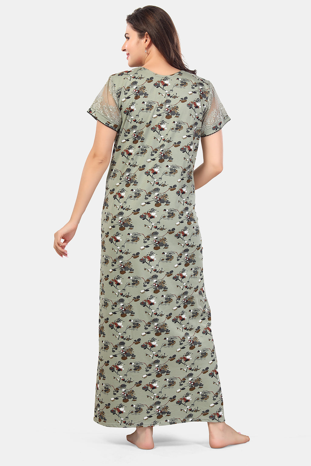 Sage Green Paisley Print Shinker Cotton Nighty for Women
