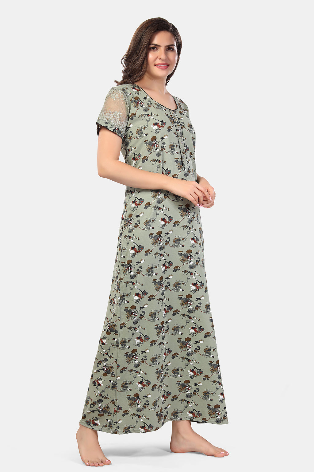 Sage Green Paisley Print Shinker Cotton Nighty for Women
