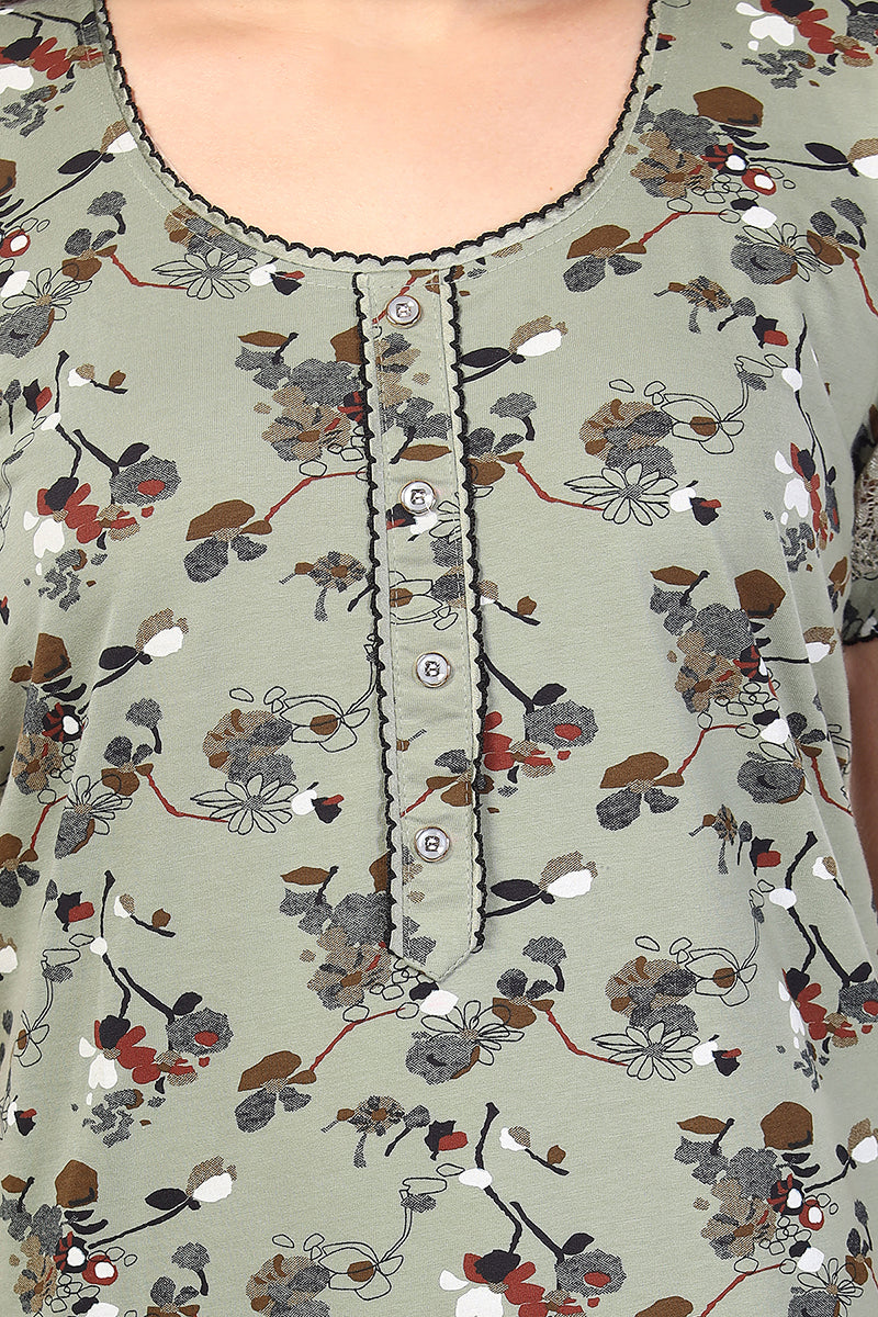 Sage Green Paisley Print Shinker Cotton Nighty for Women