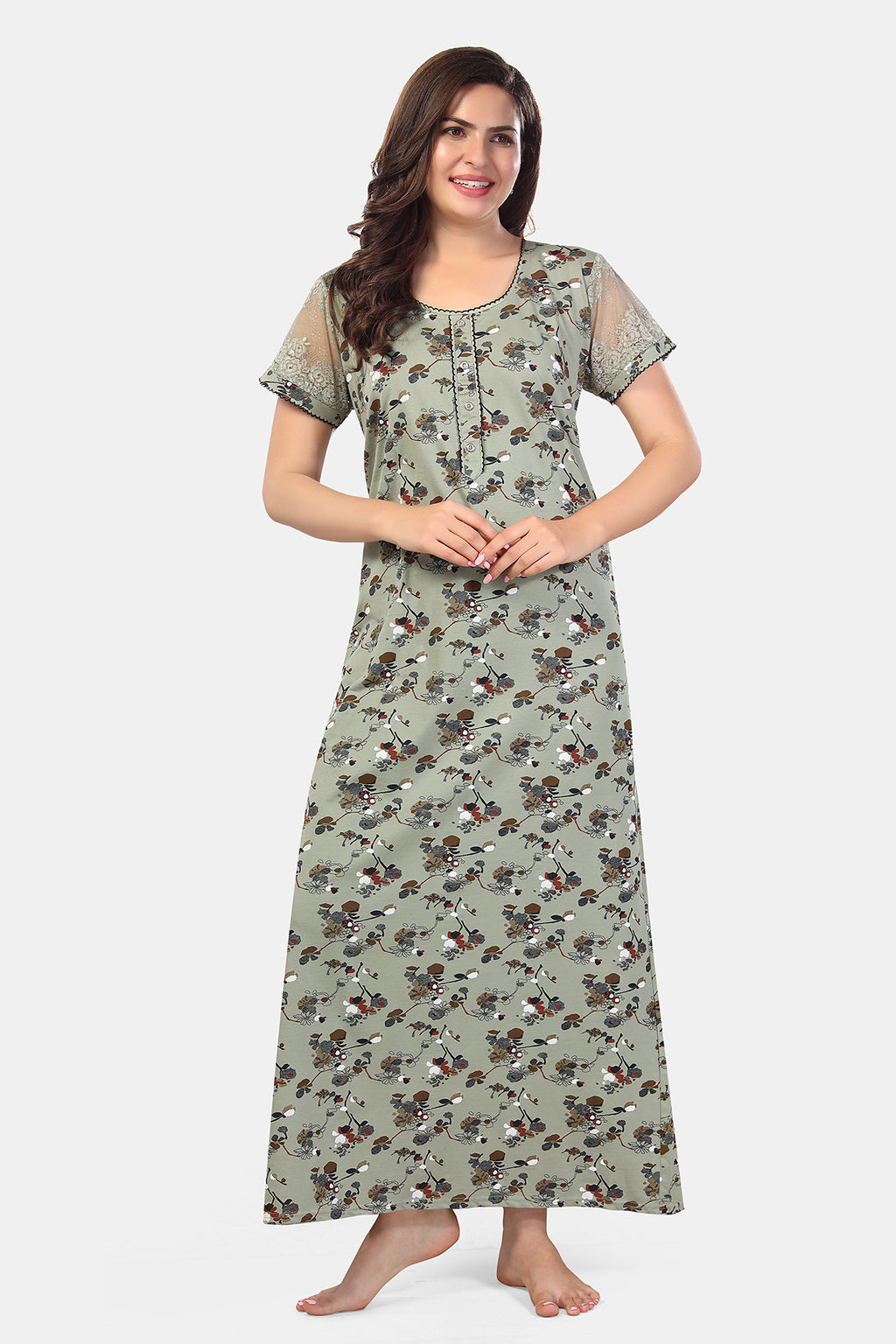 Sage Green Paisley Print Shinker Cotton Nighty for Women