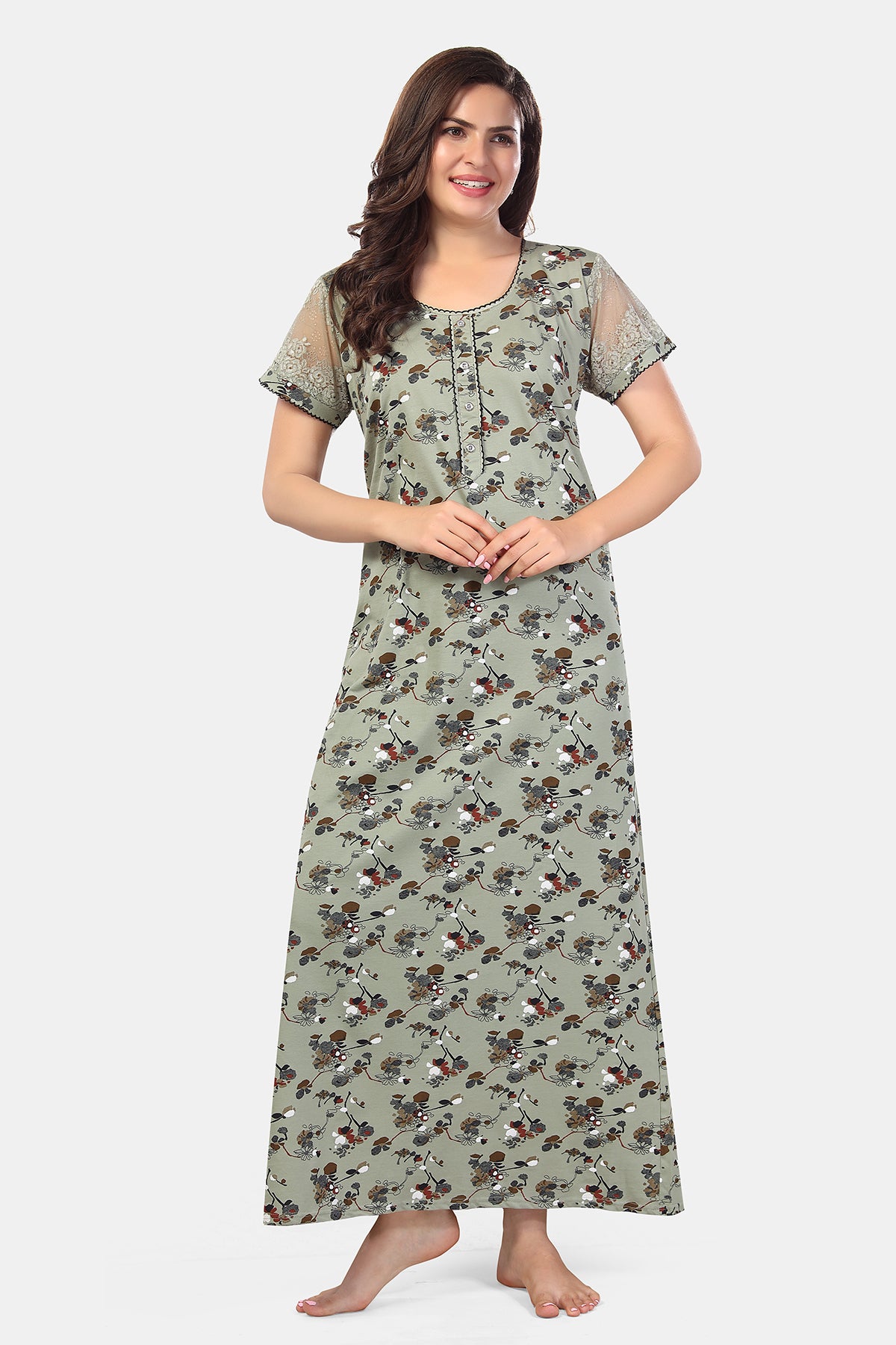 Sage Green Paisley Print Shinker Cotton Nighty for Women
