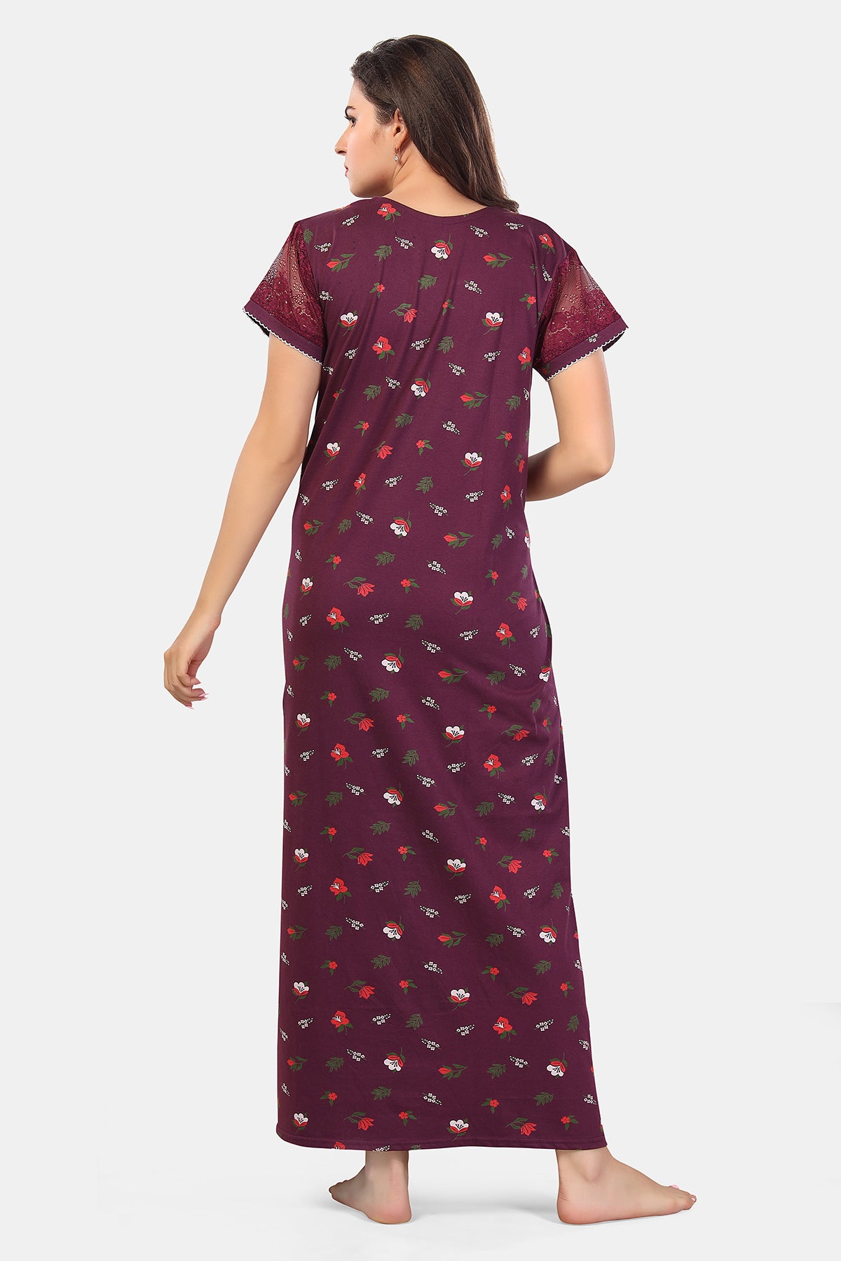 Burgundy Paisley Print Shinker Cotton Nighty for Women