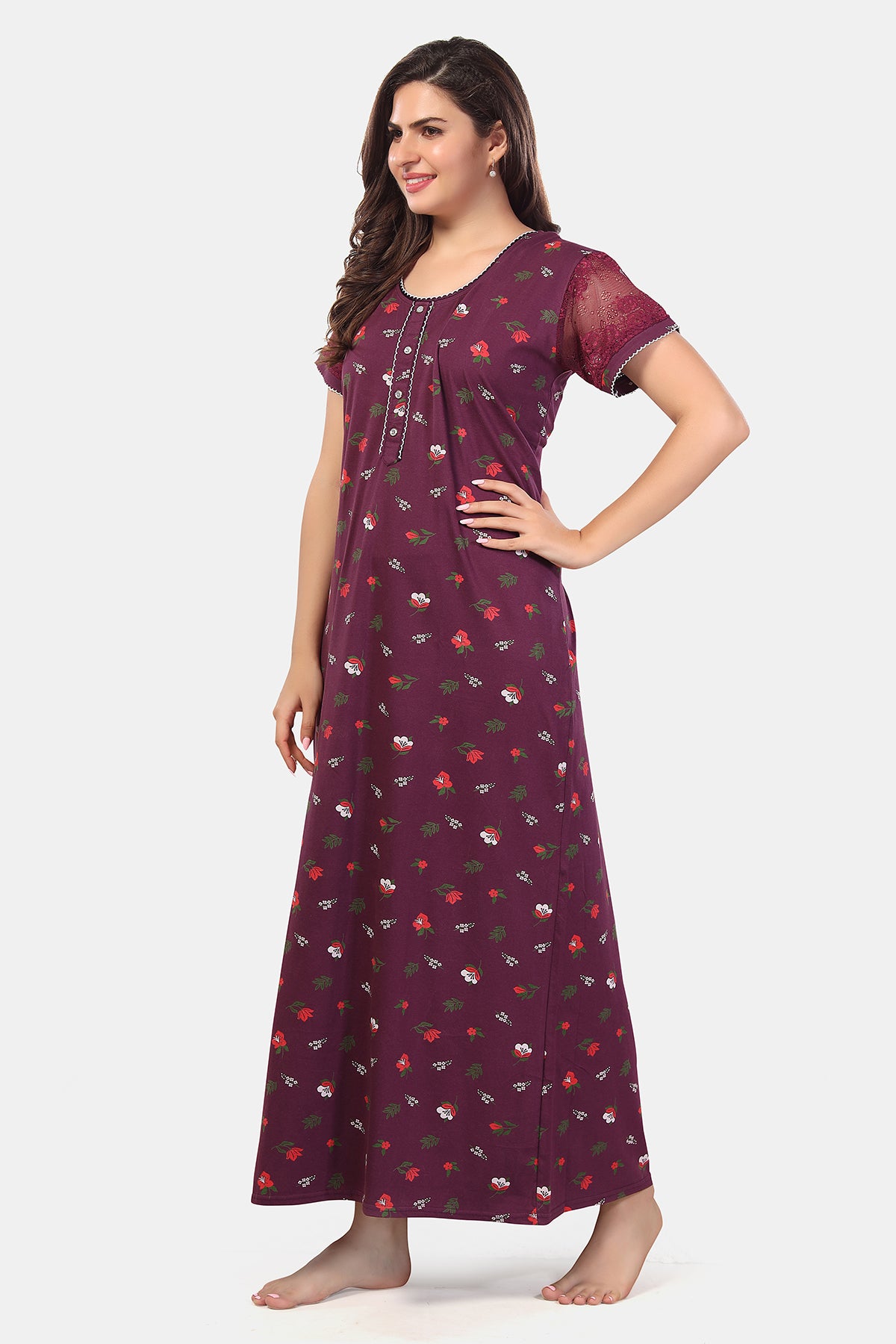 Burgundy Paisley Print Shinker Cotton Nighty for Women