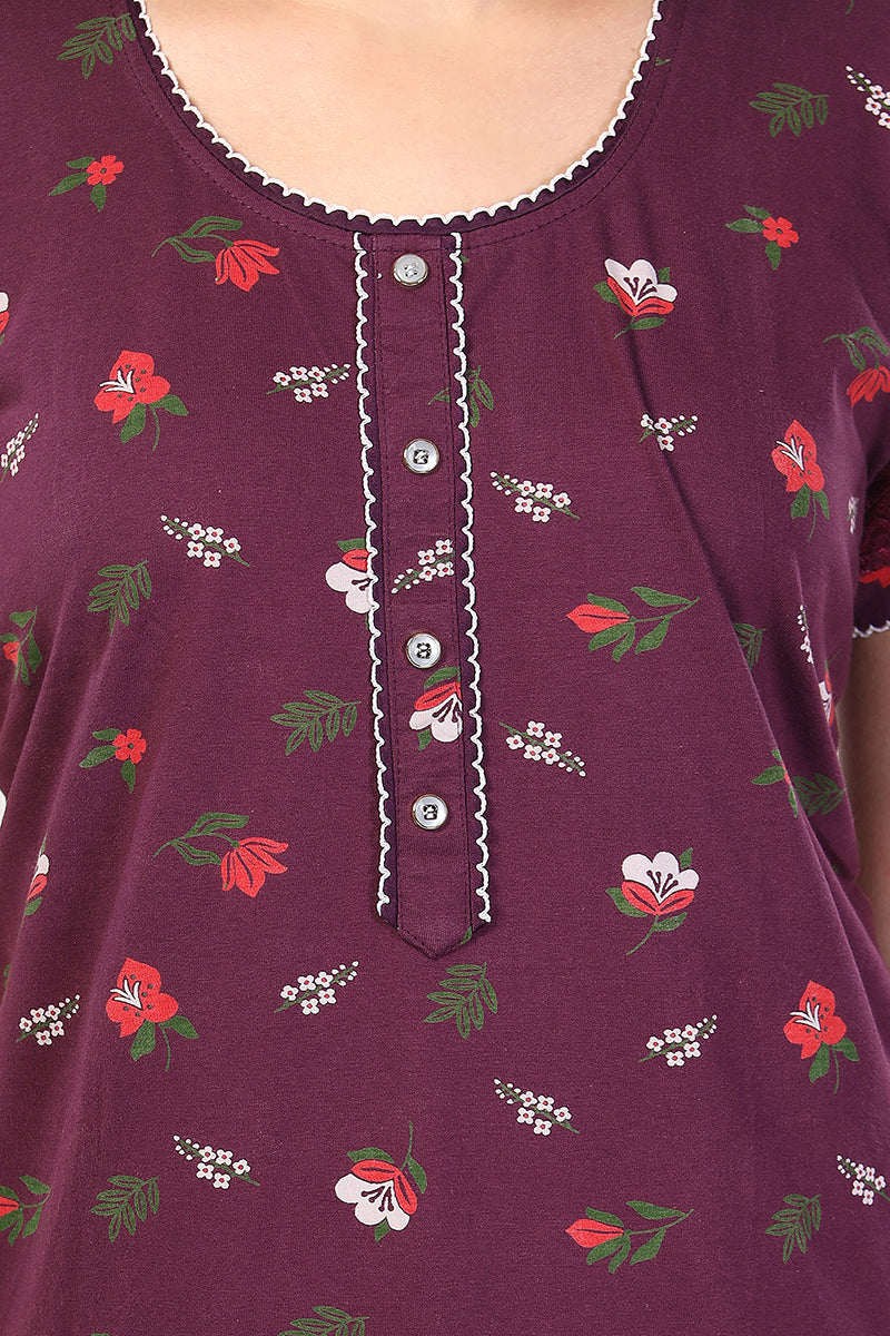 Burgundy Paisley Print Shinker Cotton Nighty for Women