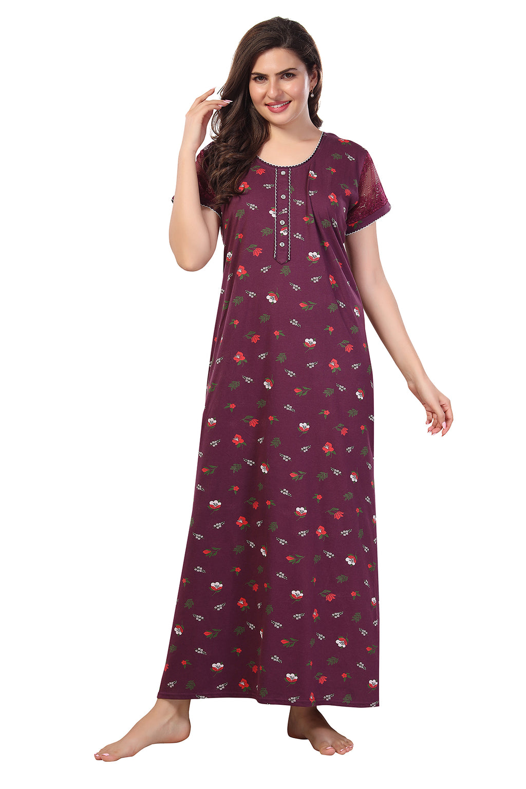 Burgundy Paisley Print Shinker Cotton Nighty for Women