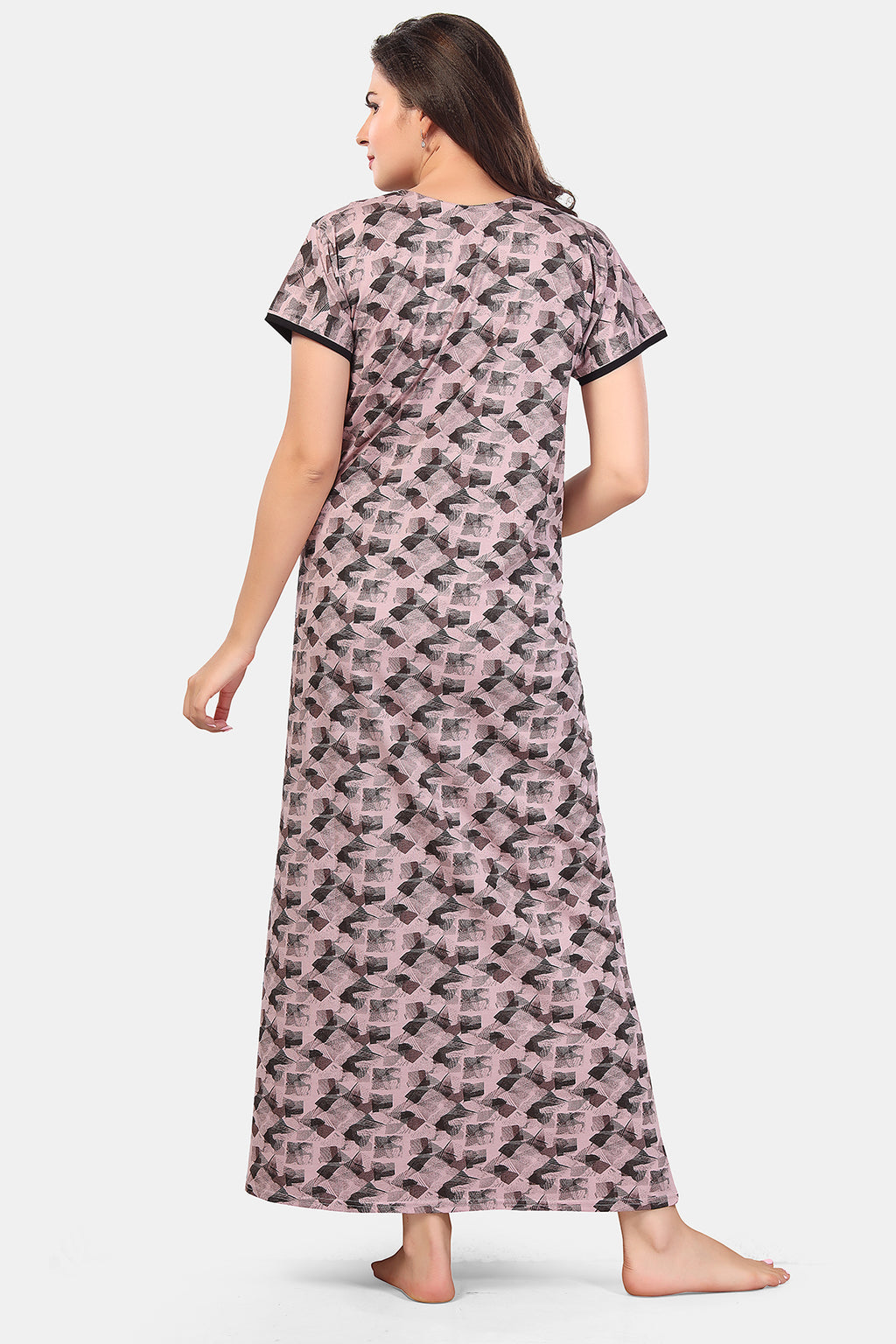 Printed Shinker Cotton Maternity / Feeding Gown For Women, Pink-Grey