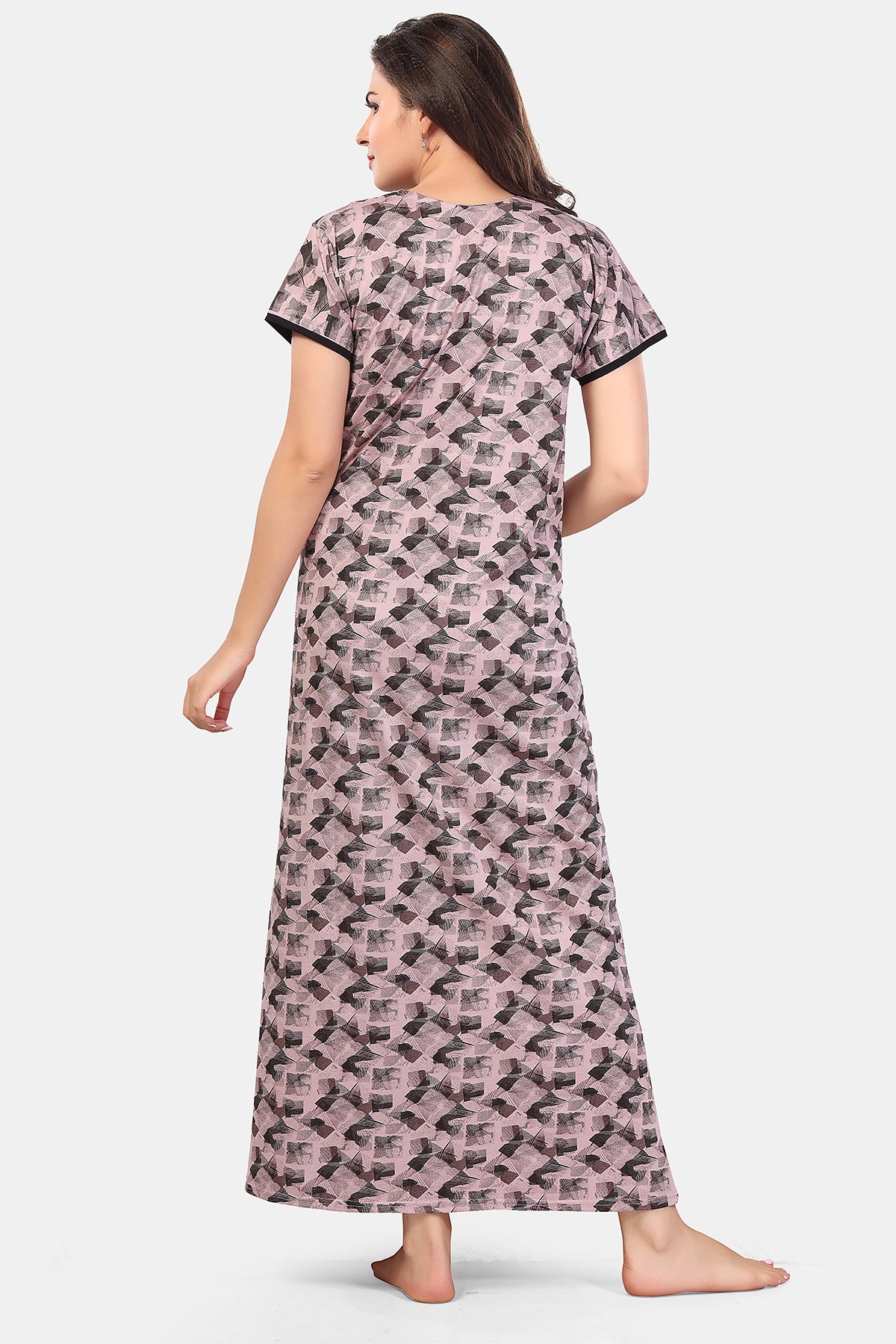 Printed Shinker Cotton Maternity / Feeding Gown For Women, Pink-Grey
