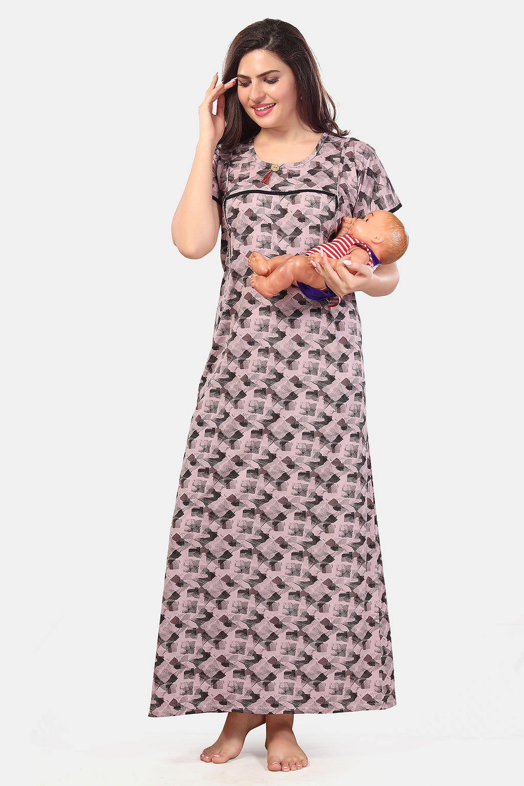 Printed Shinker Cotton Maternity / Feeding Gown For Women, Pink-Grey
