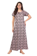 Printed Shinker Cotton Maternity / Feeding Gown For Women, Pink-Grey