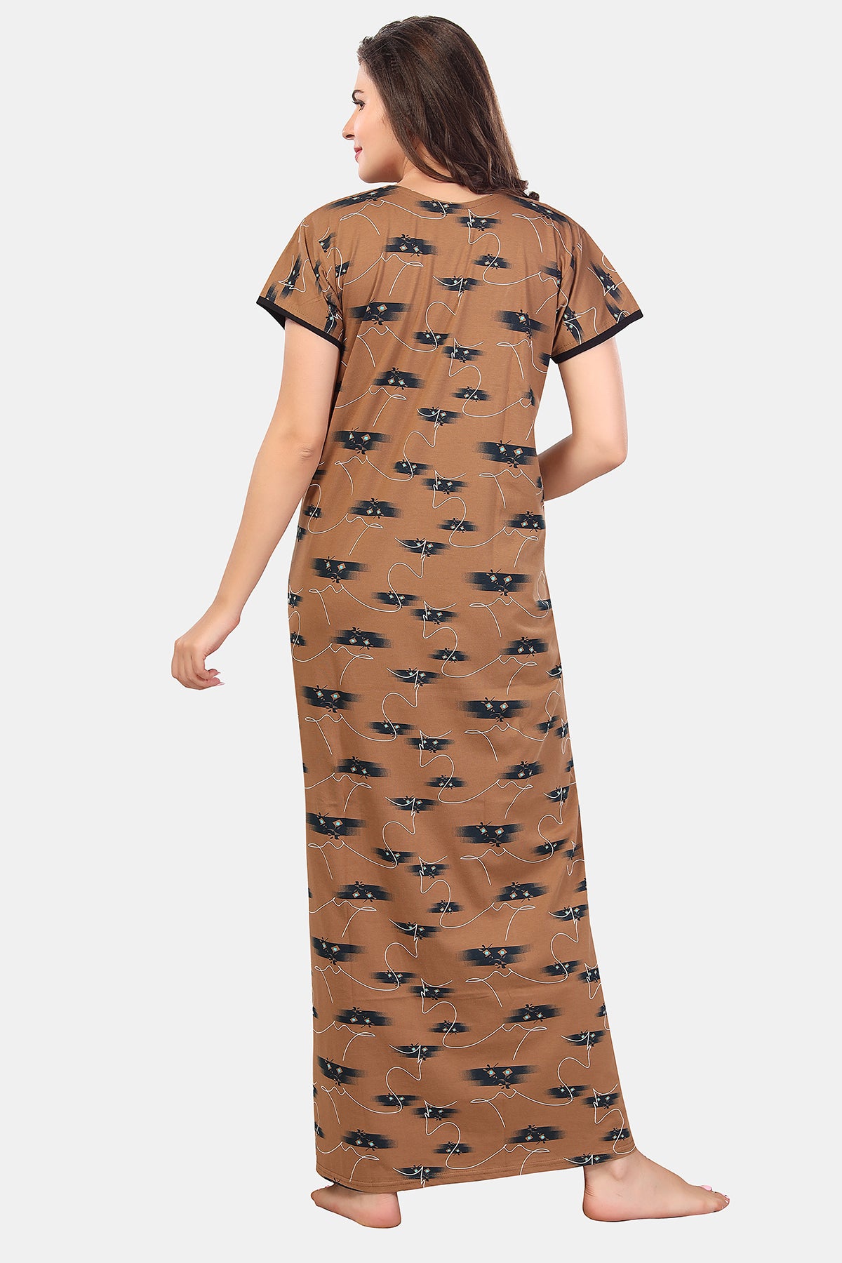 Printed Shinker Cotton Maternity / Feeding Gown For Women, Brown
