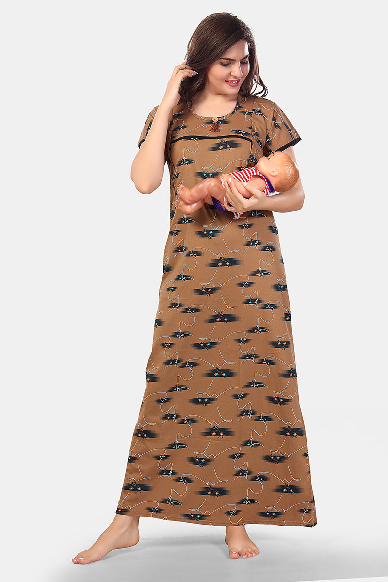 Printed Shinker Cotton Maternity / Feeding Gown For Women, Brown