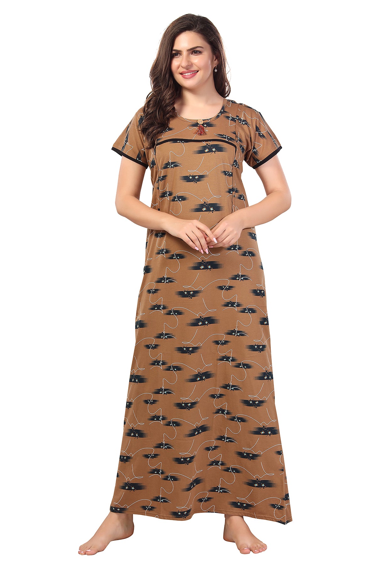 Printed Shinker Cotton Maternity / Feeding Gown For Women, Brown