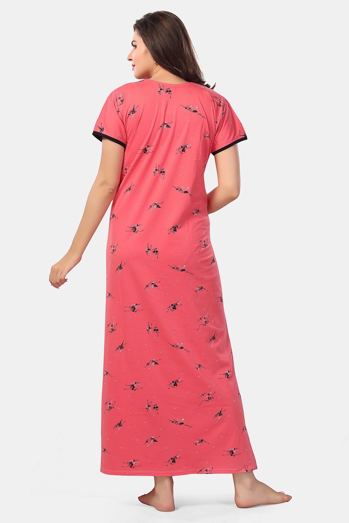 Dark Peach Printed Shinker Cotton Maternity & Feeding Gown for Women