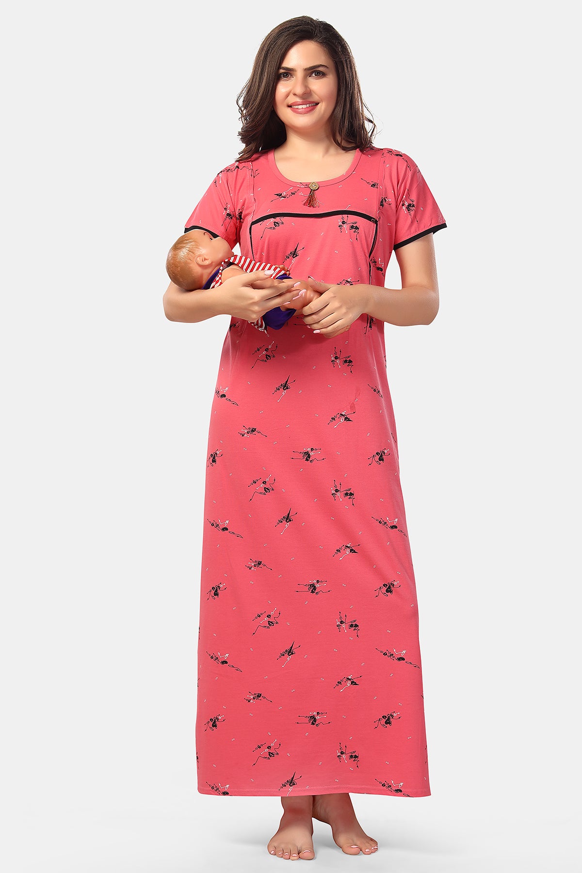 Dark Peach Printed Shinker Cotton Maternity & Feeding Gown for Women