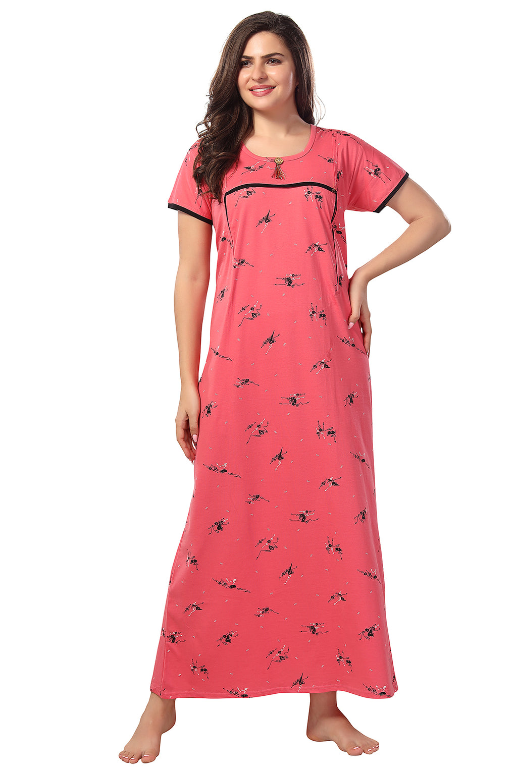 Dark Peach Printed Shinker Cotton Maternity & Feeding Gown for Women