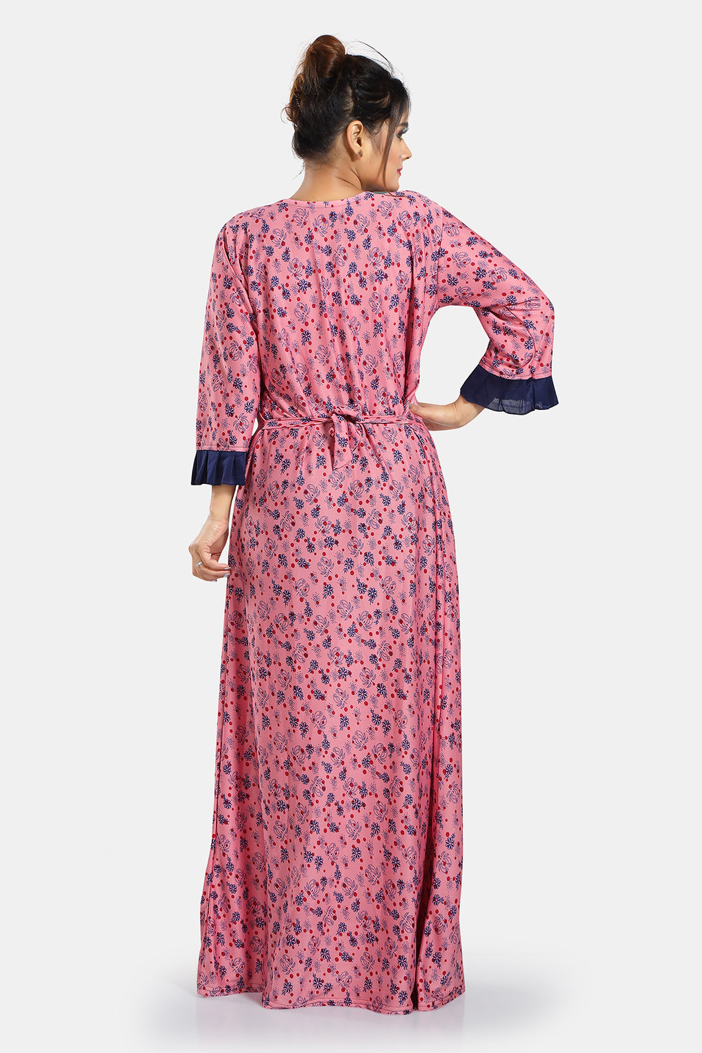 Pink Floral Print Sarina Satin Flared Nightgown For Women