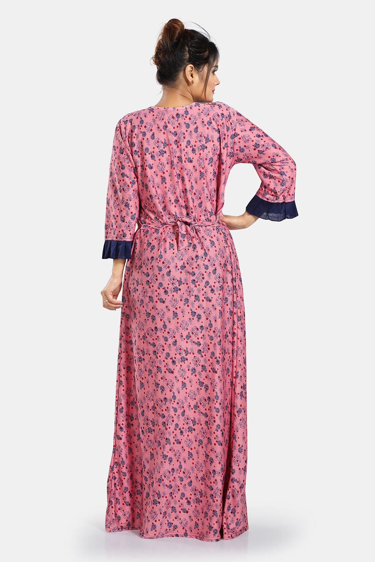 Pink Floral Print Sarina Satin Flared Nightgown For Women