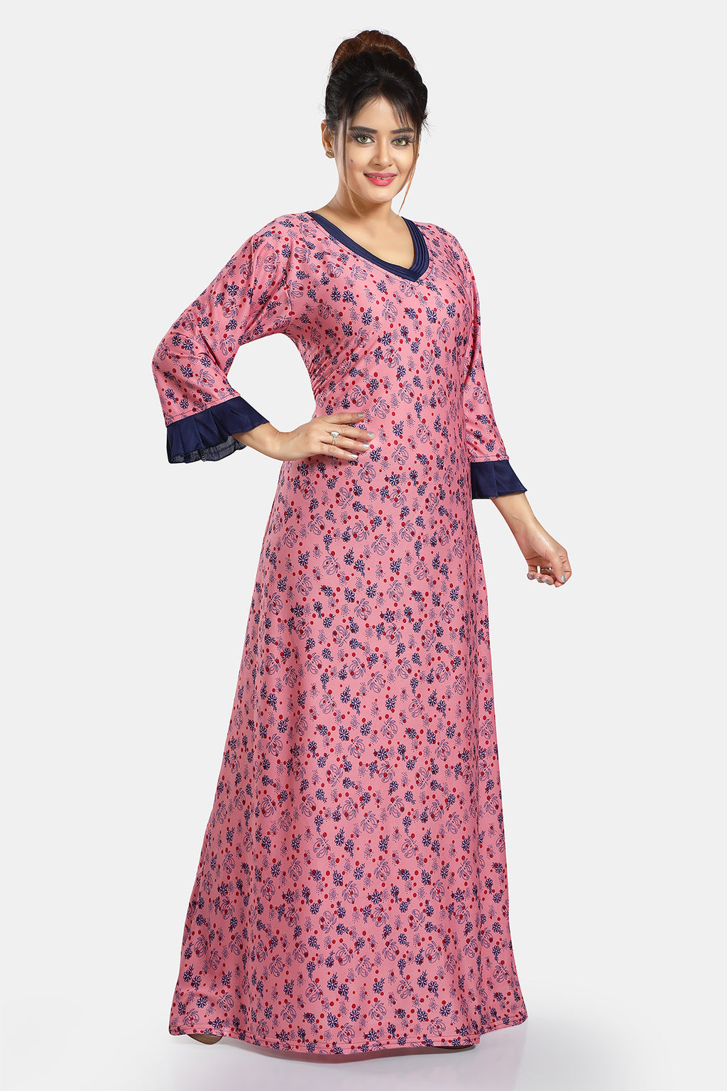Pink Floral Print Sarina Satin Flared Nightgown For Women
