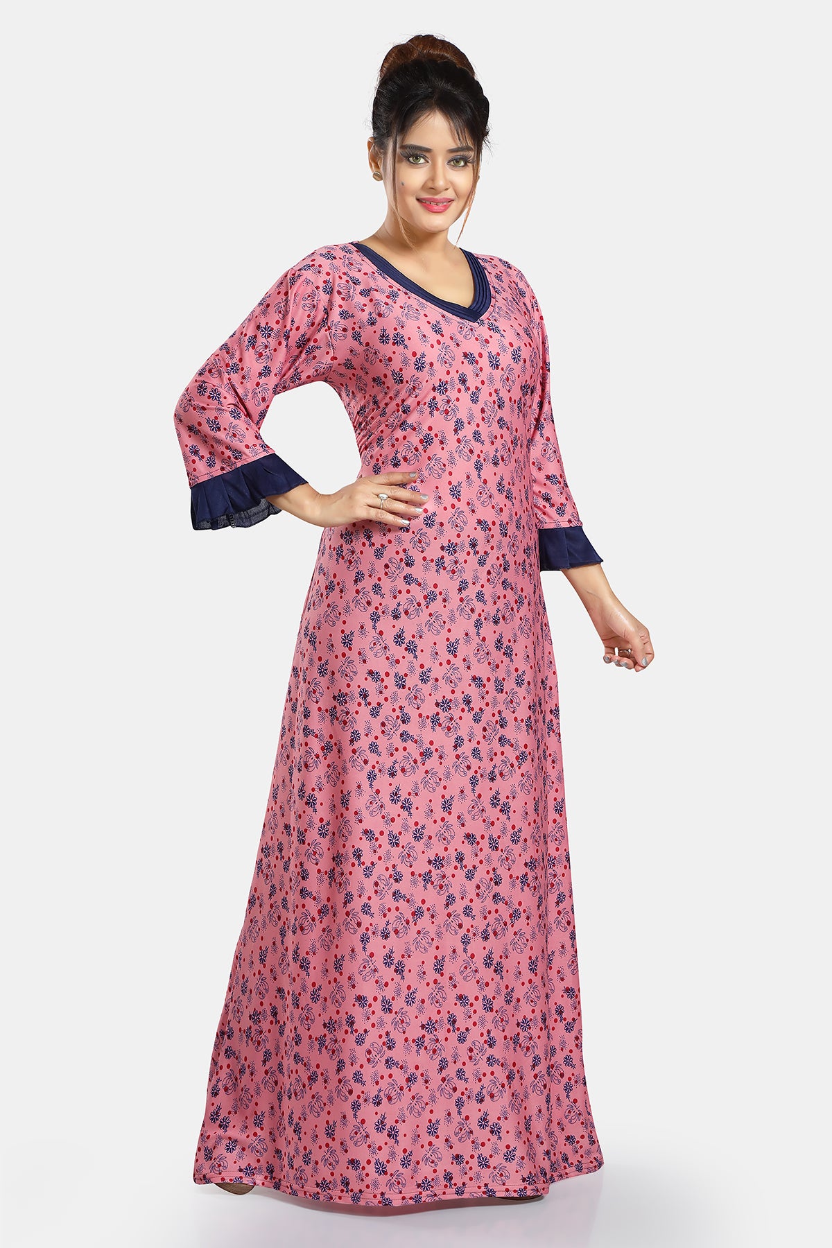 Pink Floral Print Sarina Satin Flared Nightgown For Women