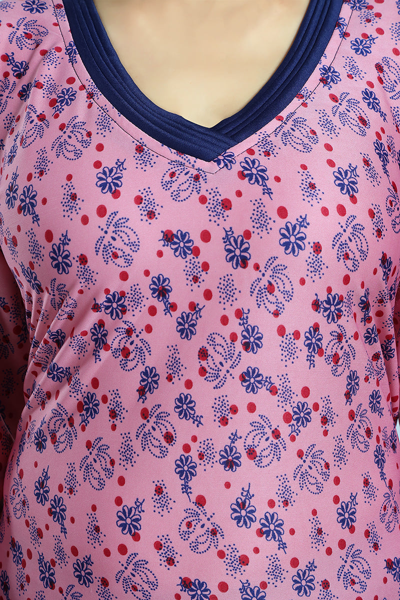 Pink Floral Print Sarina Satin Flared Nightgown For Women