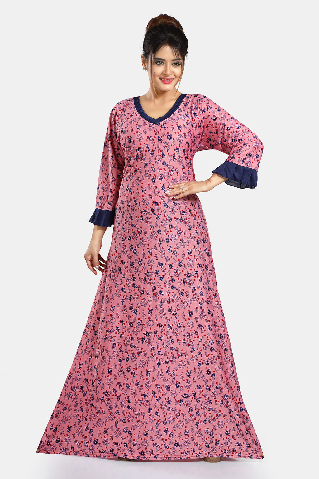 Pink Floral Print Sarina Satin Flared Nightgown For Women