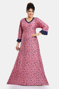 Pink Floral Print Sarina Satin Flared Nightgown For Women