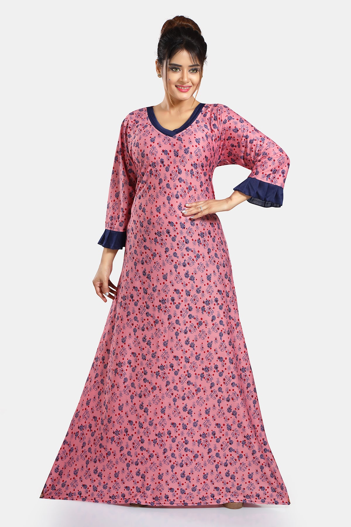 Pink Floral Print Sarina Satin Flared Nightgown For Women