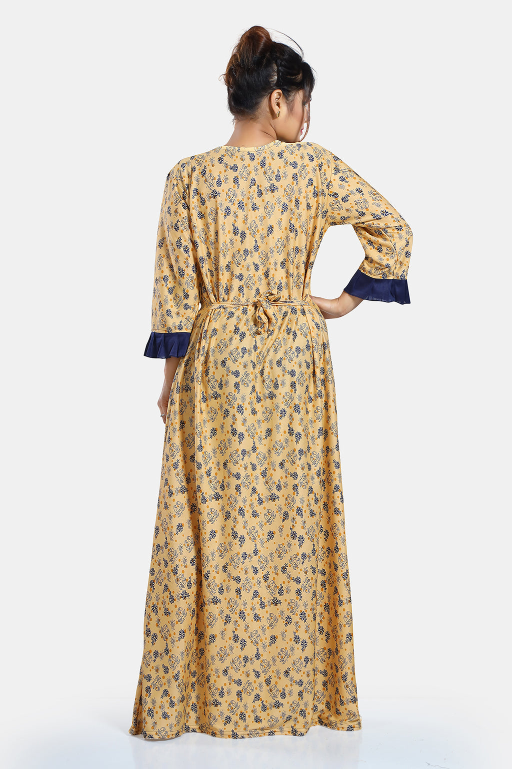 Yellow Floral Print Sarina Satin Flared Nighty for Women