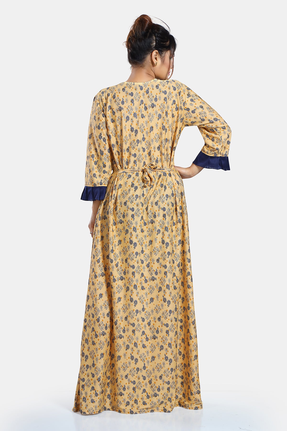 Yellow Floral Print Sarina Satin Flared Nighty for Women