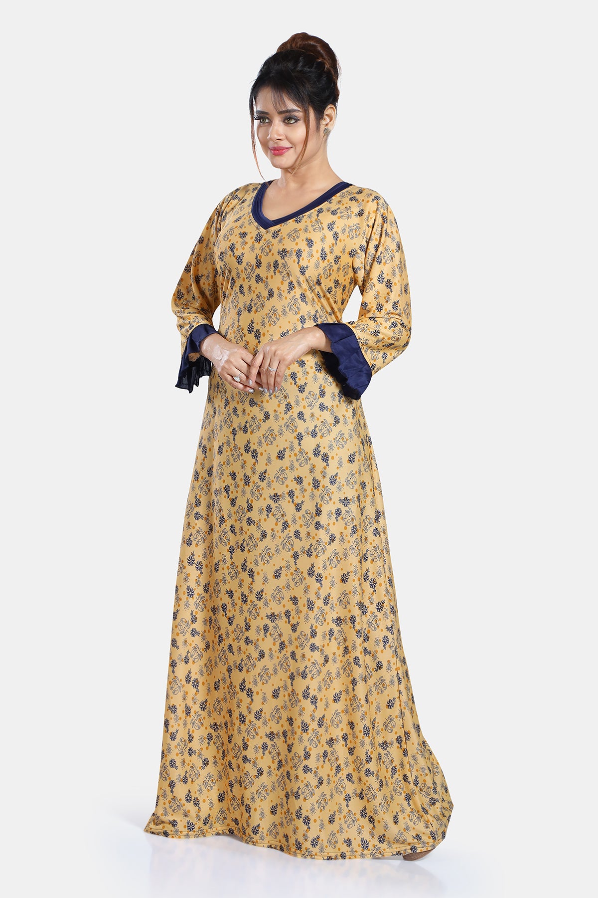 Yellow Floral Print Sarina Satin Flared Nighty for Women