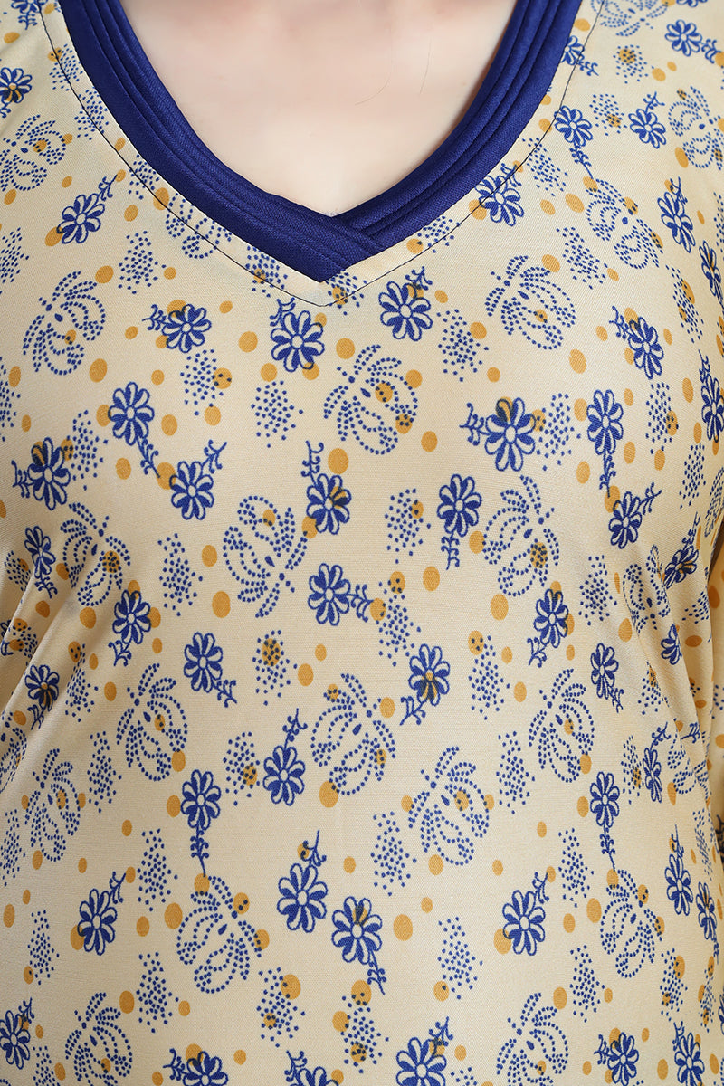 Yellow Floral Print Sarina Satin Flared Nighty for Women