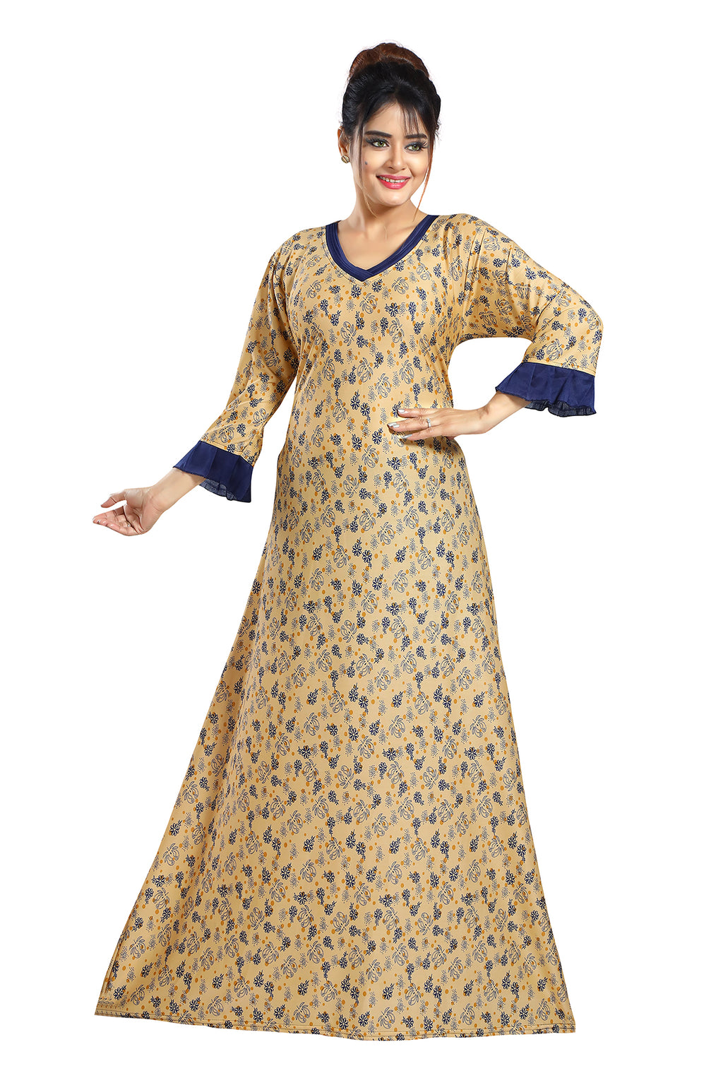 Yellow Floral Print Sarina Satin Flared Nighty for Women