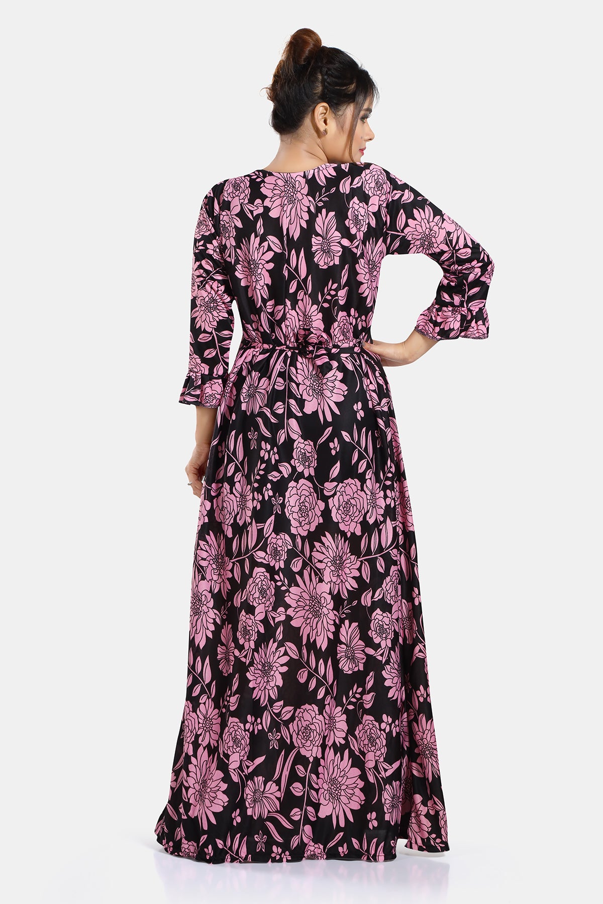 Light Pink Floral Print Sarina Satin Flared Nighty for Women