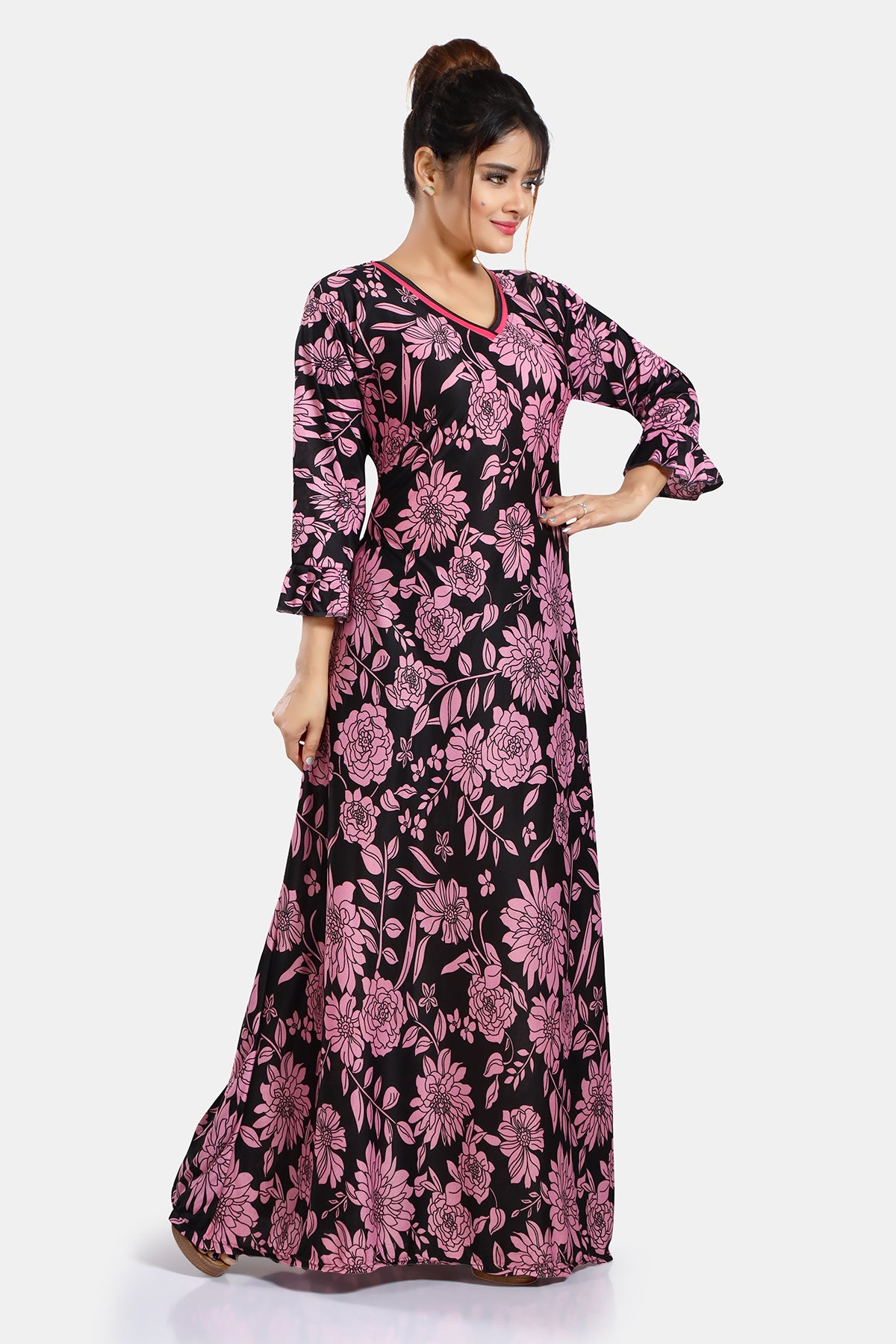 Light Pink Floral Print Sarina Satin Flared Nighty for Women