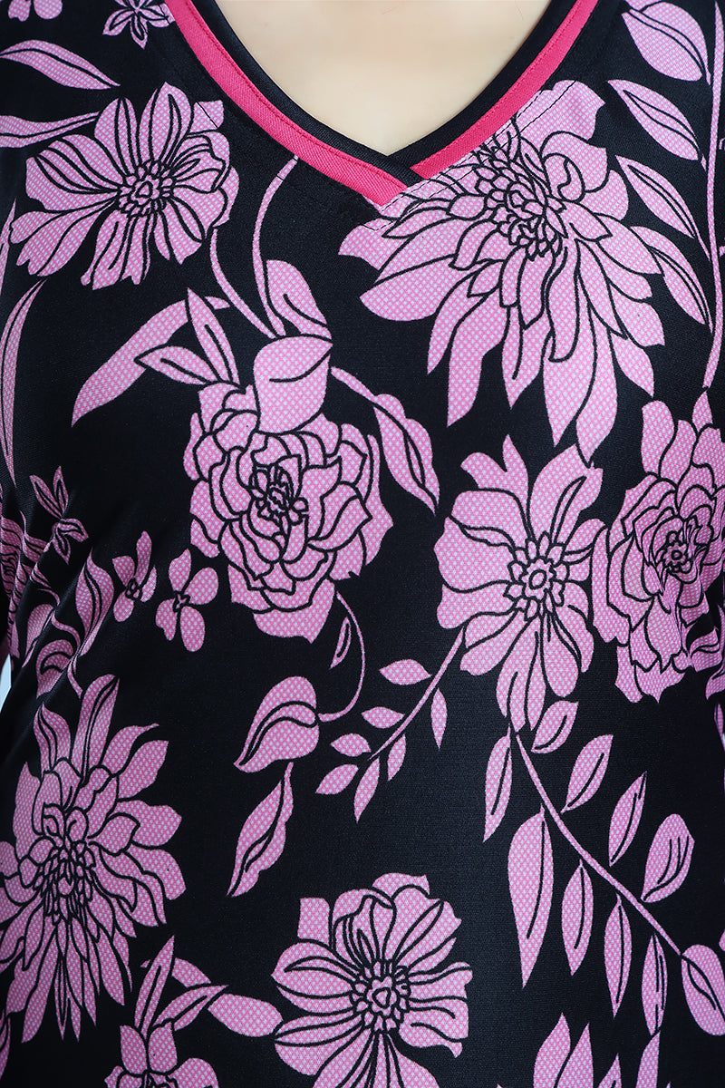 Light Pink Floral Print Sarina Satin Flared Nighty for Women